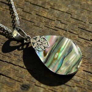 Abalone Shell 925 Sterling Silver Teardrop Pendant Necklace Boho Beach Carefree